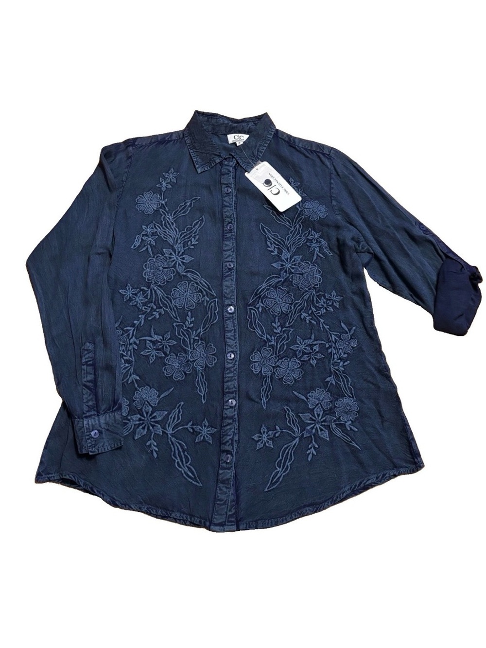 Chic Connection Women’s Floral Embroidered Shirt - Denim Blue - Small
